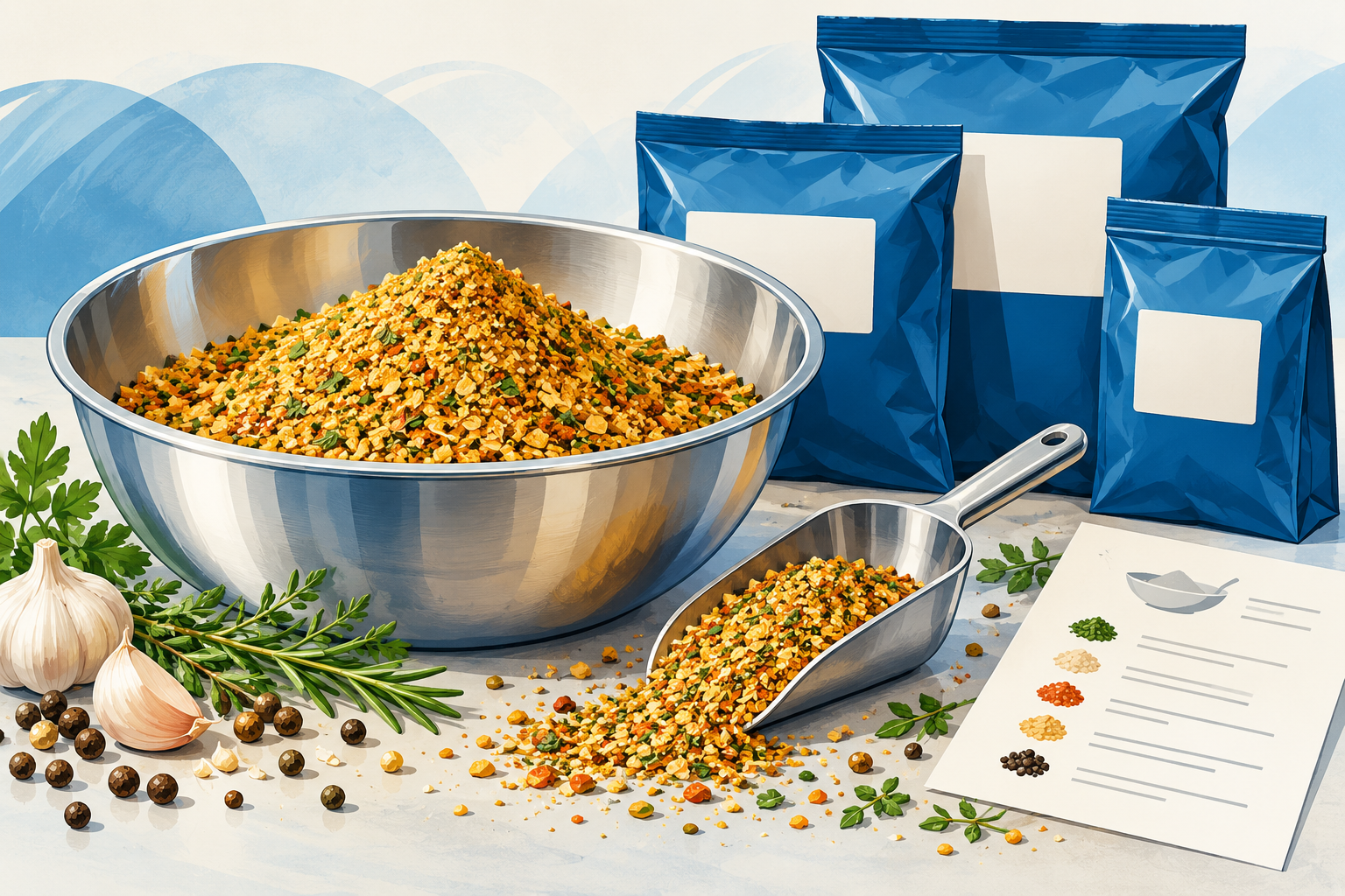 Illustration of bespoke seasoning blending with a mixing bowl, scoop and ingredient bags