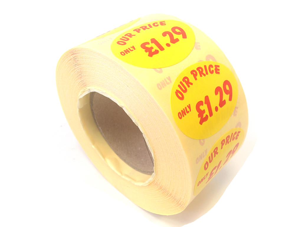 PRICE OVAL £1.29 LABELS 1000/ROLL YELLOW/RED