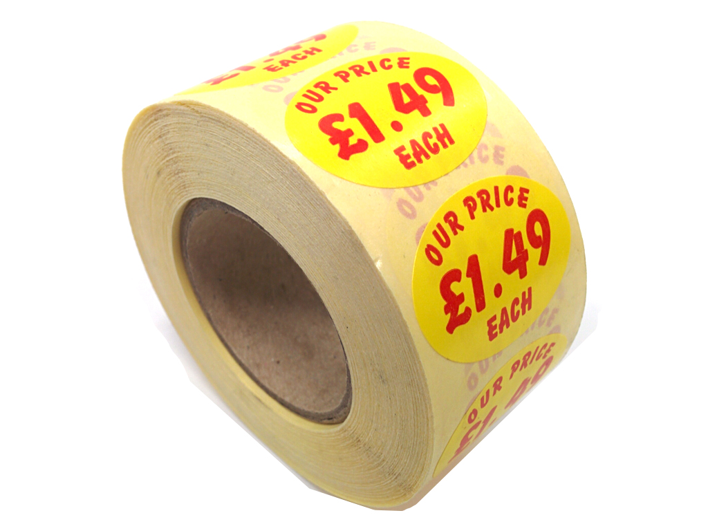 PRICE OVAL £1.49 LABELS 1000/ROLL YELLOW/RED