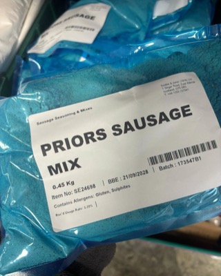 Priors Sausage Mix packed in blue bags to their own recipe