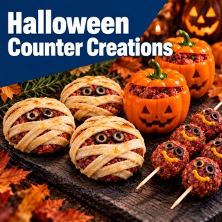Halloween Counter Creations - illustrated mummy burgers, stuffed peppers and monster meatball skewers