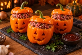 Jack-o'-Lantern peppers filled with minced beef - recipe illustration