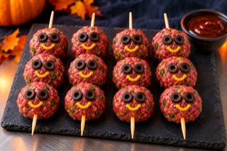 Monster Meatball Skewers with olive eyes and mustard smiles - recipe illustration